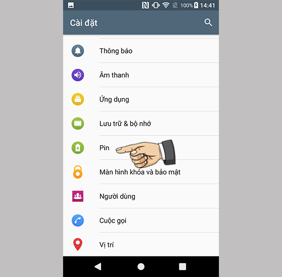 Vào cài đặt Pin